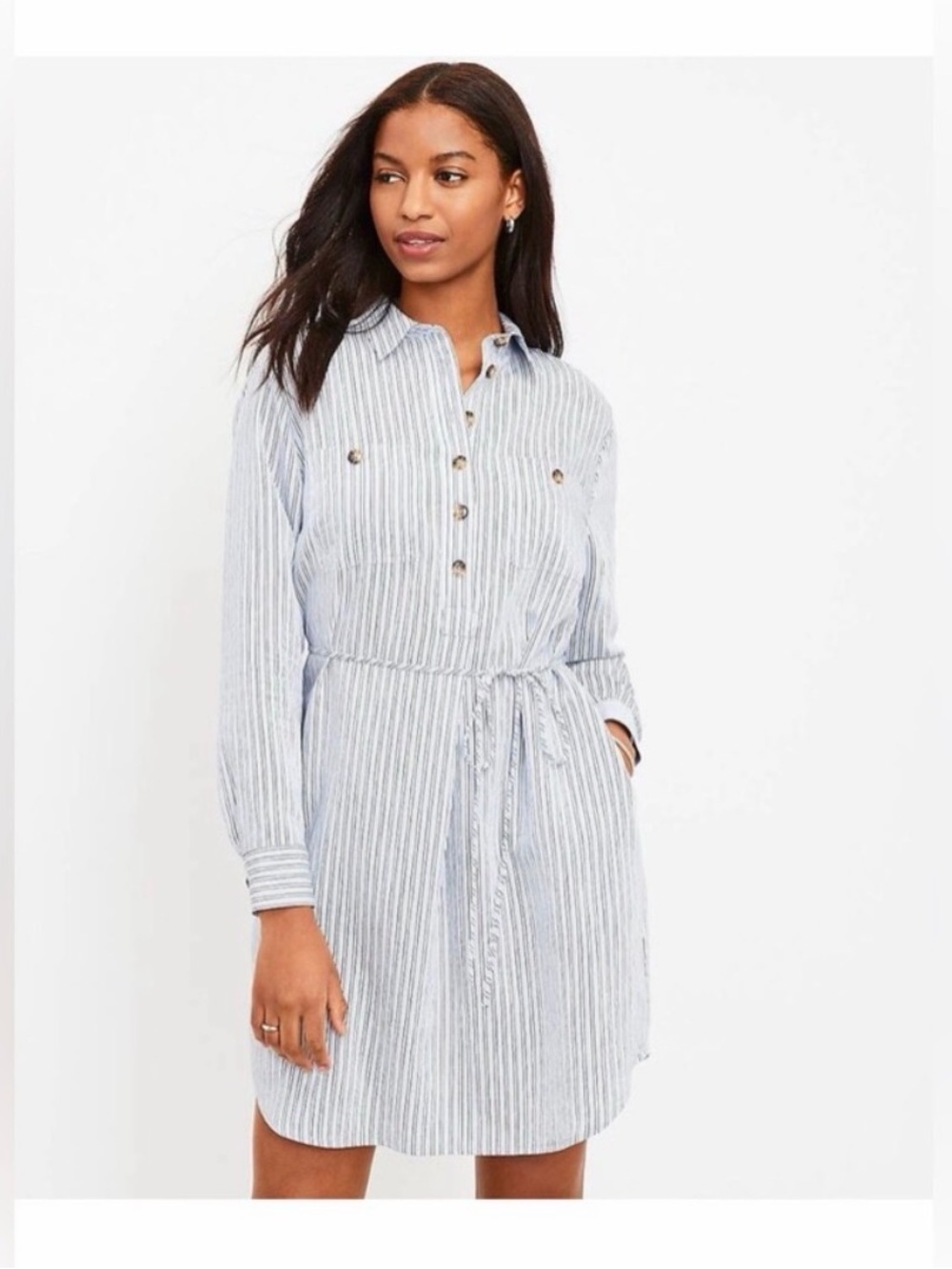 LOFT Blue and White Striped Long Sleeve Shirt Dress